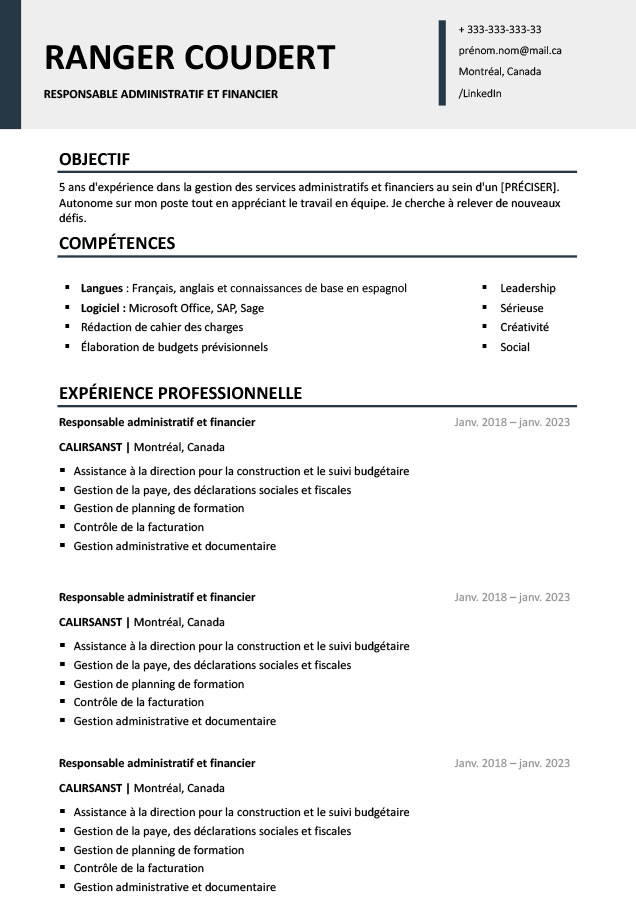 Free French Canadian CV Template Word Format